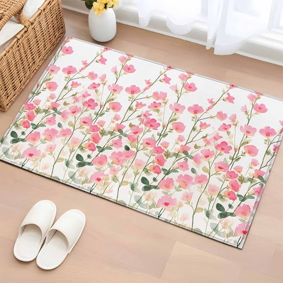 Area Rug 24×36in, Country Summer Flowers Blossom Floor Carpet Living Room Rug, Retro Pink Floral Leaves Non-Slip Welcome Mat Indoor Rugs for Bedroom Dining Room
