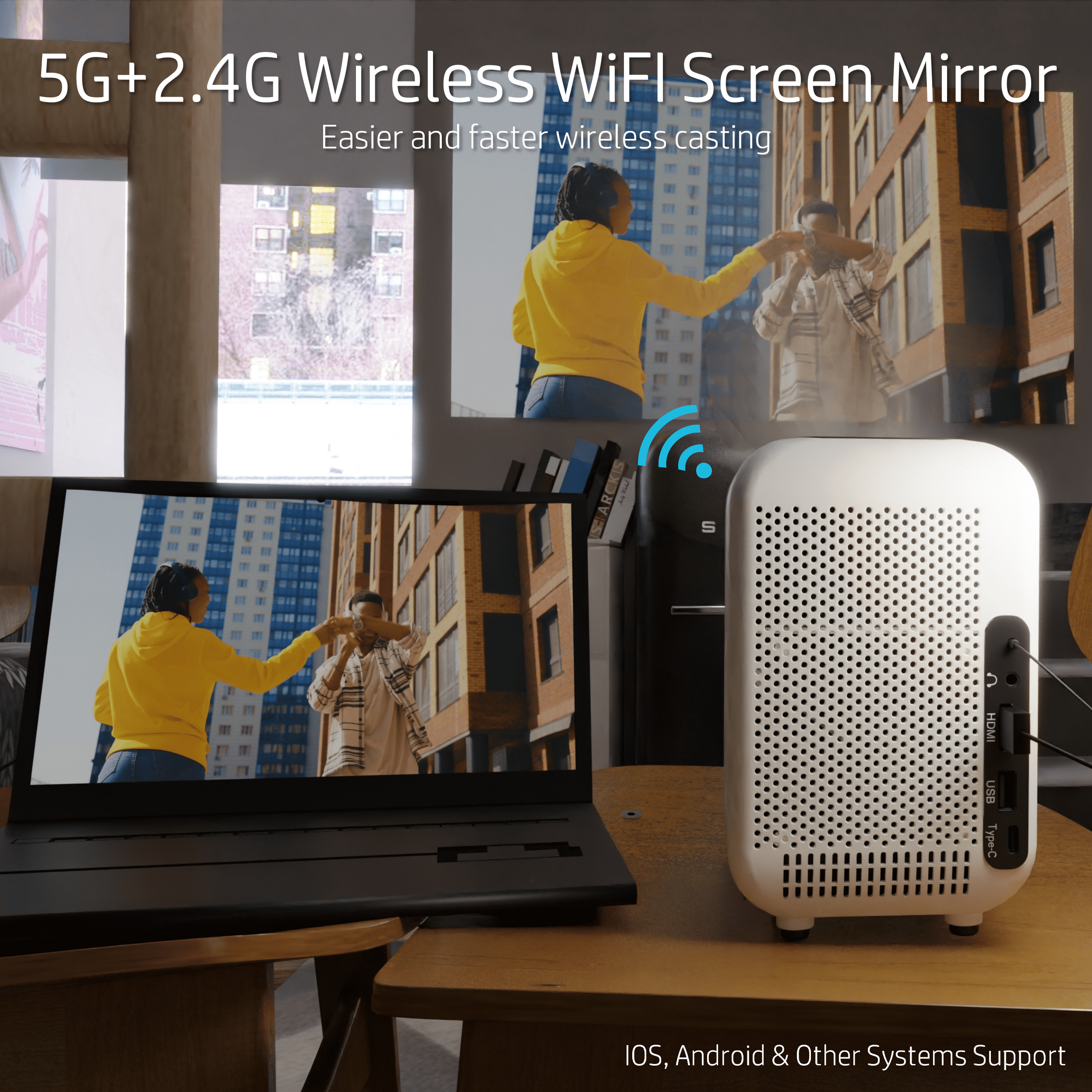 HP CC180W Promo 2in1 Mobile HD Projector - Wireless Projection (iOS/Android), Bluetooth Out, HDMI *1, Native HD Resolution, with  84" Screen