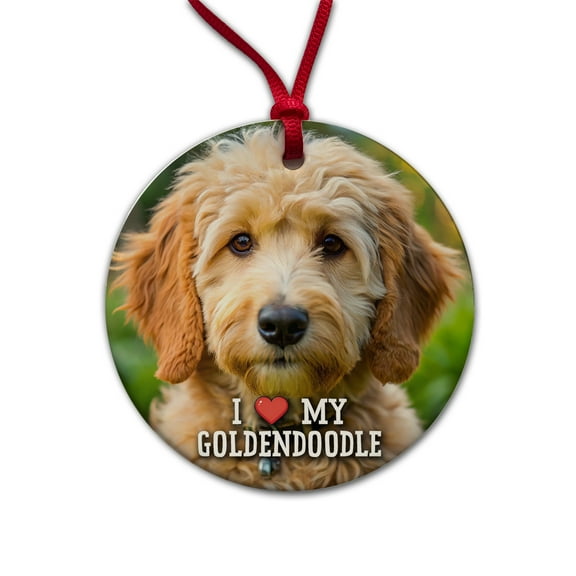 I Love My Goldendoodle Dog Heart Christmas Tree Holiday Round Ceramic Ornament
