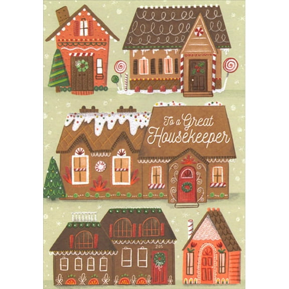 Designer Greetings Five Brown Houses with Candy Decorations Housekeeper Christmas Card