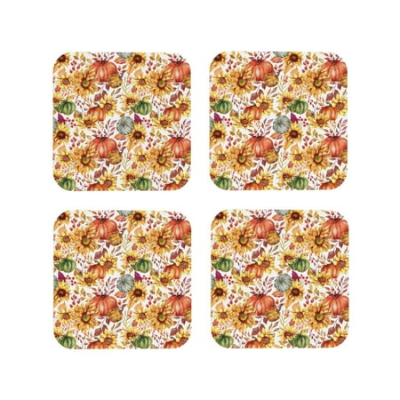 

KLL Drink Coasters Set Square of 4 PU Leather Absorbent Coasters Set Decorative Coffee Cup Coasters Housewarming Gift for Home Decor-Sunflowers Pumpkins And Autumn Leaves