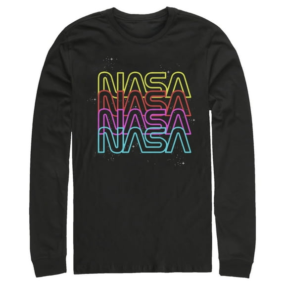Men's NASA Neon Rainbow Repeat Text Logo Long Sleeve Shirt Black Large