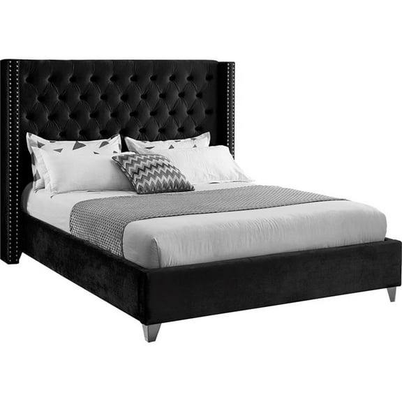 Pemberly Row Solid Wood Tufted Velvet Wing Back King Bed in Black