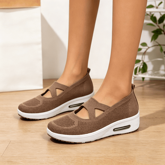 Domuza Women Knit Mary Jane Wedge Sneakers, Breathable Air Cushion Slip On Platform Shoes, Lightweight Comfortable Casual Walking Footwear Brown 7.5(EU-39)
