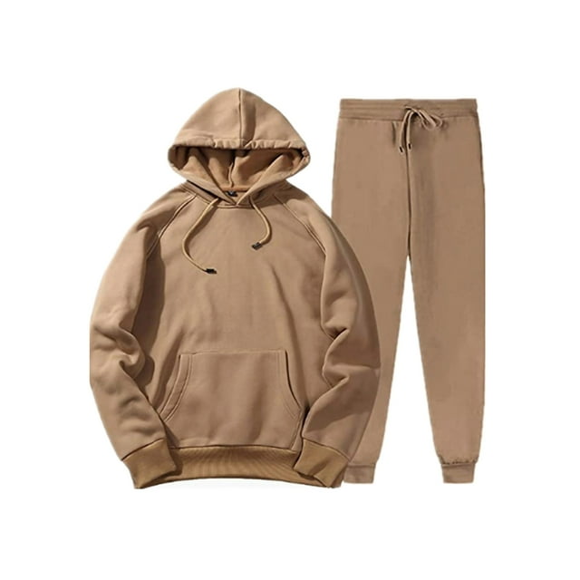 Innerwin Hoodies And Sweatpant Set Solid Color Mens Tracksuit Winter Hooded Warm 2 Piece Hoodie Camel M