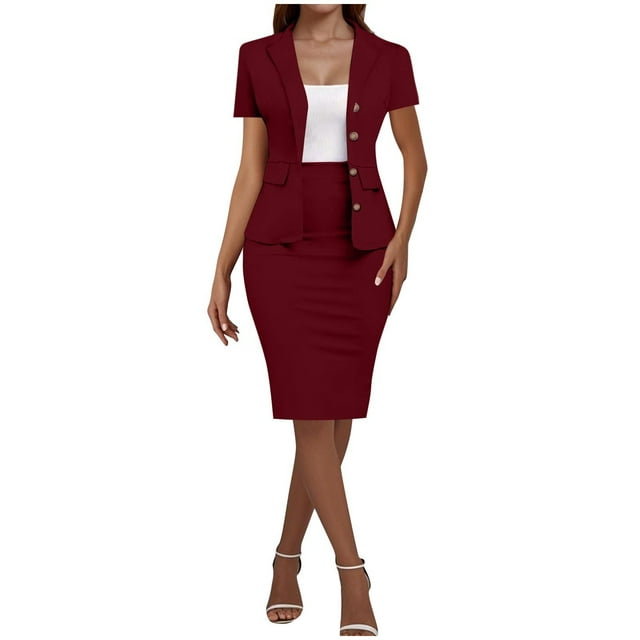 Ensemble Jupe Tailleur 2 Pcs pour Femme, Tenue de Bureau Décontractée, Blazer à Manches Courtes et Jupe Crayon pour le Travail au Bureau