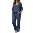 thumbnail image 2 of BRELIL Women's 2 Piece Sets Summer Wide Leg Pants V Neck Short Sleeve Tops Casual Lounge Matching Sets Solid Boho Vacation Travel Outfits Loose Tracksuit, Navy S, 2 of 7