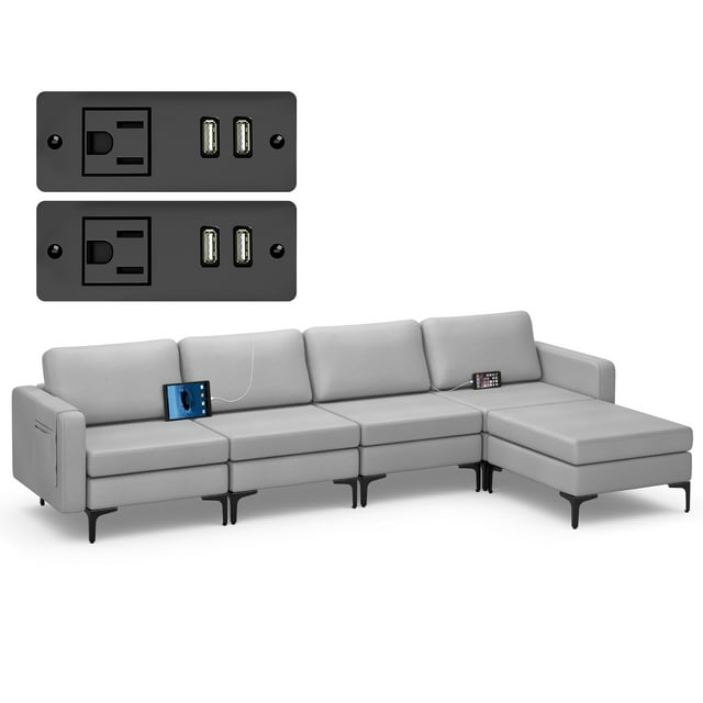 Costway Canapé Sectionnel Modulaire en L avec Méridienne Réversible et 4 Ports USB Gris Pâle