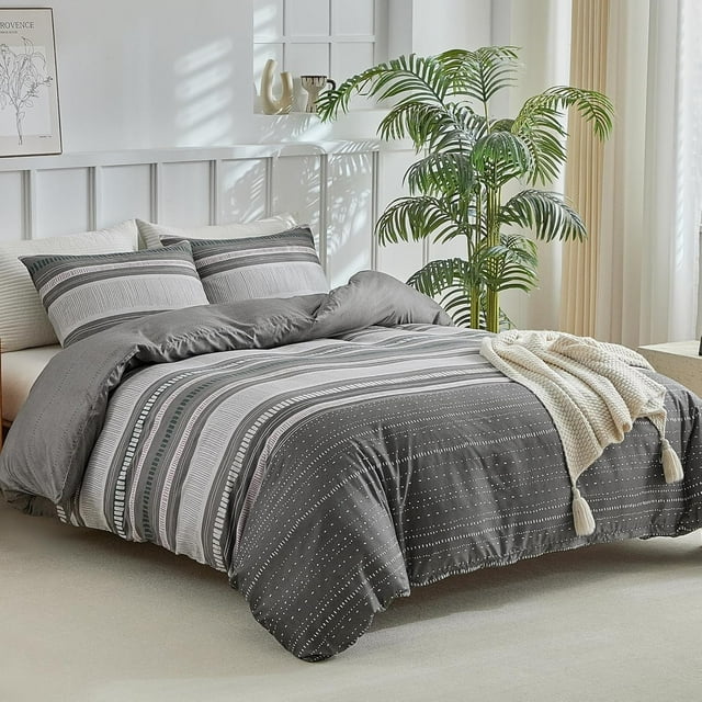 Duvet Cover Queen Ultra Soft Brushed Microfiber Queen Duvet Cover Set Pieces Breathable Queen Bedding Sets with Zipper Closure and Corner Ties Grey Striped