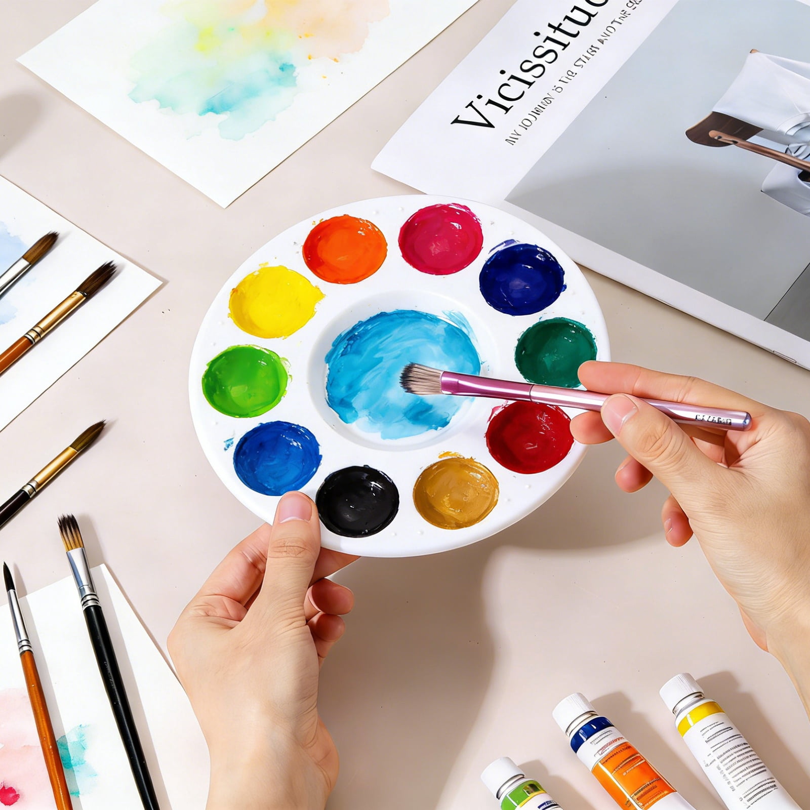 Uxcell Paint Tray Palette, 10 Well Round Plastic Watercolor Palette Painting Tray for DIY Craft Art Class Painting Party Supplies Paint Holder(White, Pack of 20)
