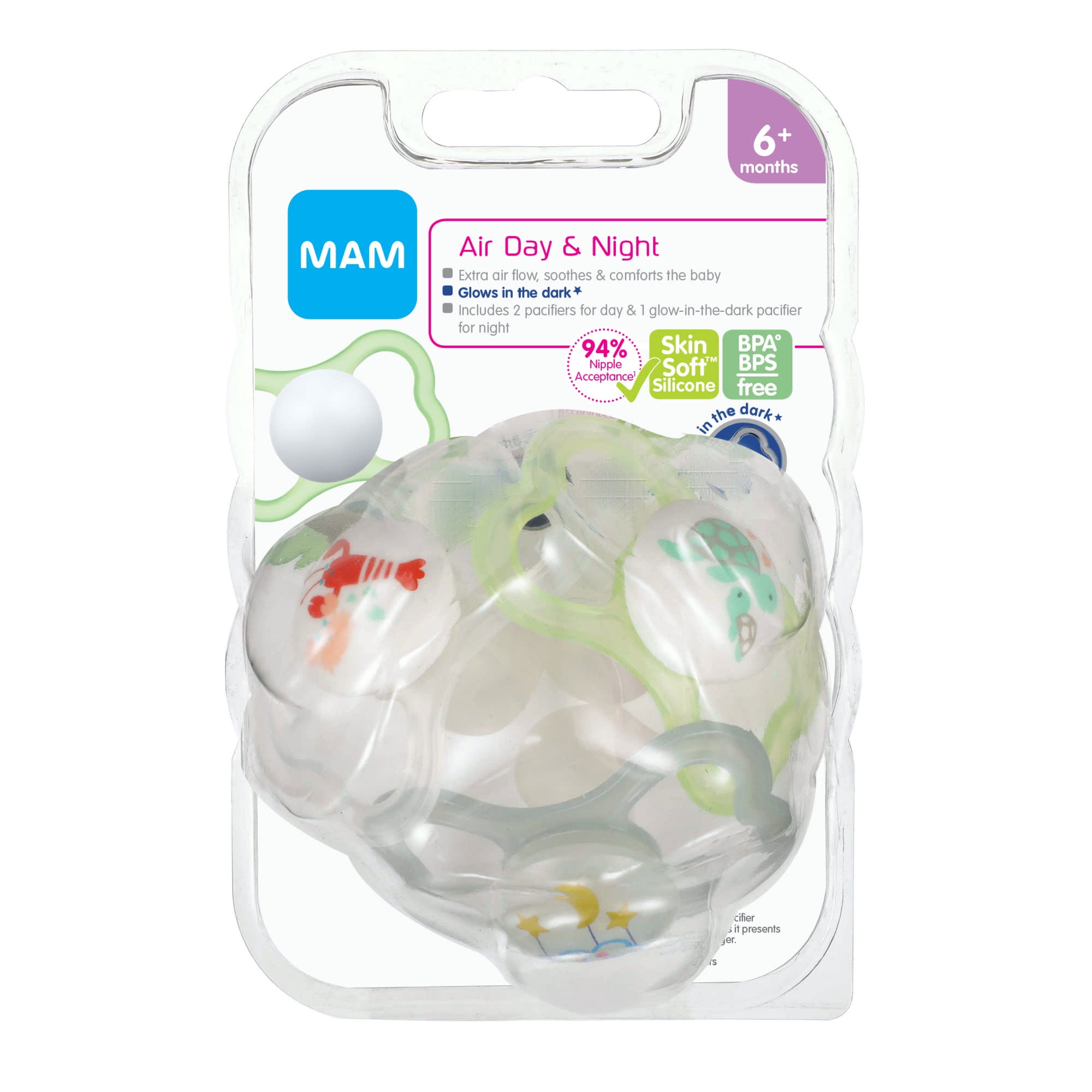 MAM Pacifiers, Baby Pacifier 6+ Months, Best Pacifier for Breastfed Babies, ‘Air Day & Night' Design Collection, Unisex, 3-Count