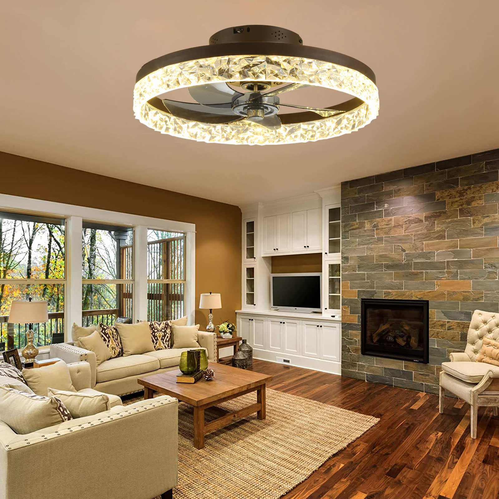 JLPAN Modern Ceiling Fans with Lights and Remote, 20 in Low Profile Ceiling Fan Flush Mount, 3000K-6500K Dimmable Bladeless LED Fan Light, Fandelier Ceiling Fans with Lights for Bedroom, Brown