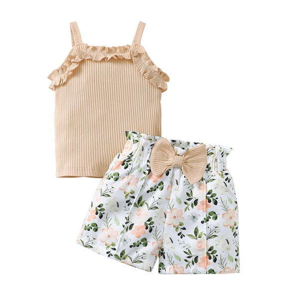 Kucnuzki 3T Toddler Girls Outfit Set 4T Child Girl Clothes Sleeveless Ruffle Top Solid Color Knitted Tops Bowknot Floral Shorts Sets 2pcs Clothing Apricot