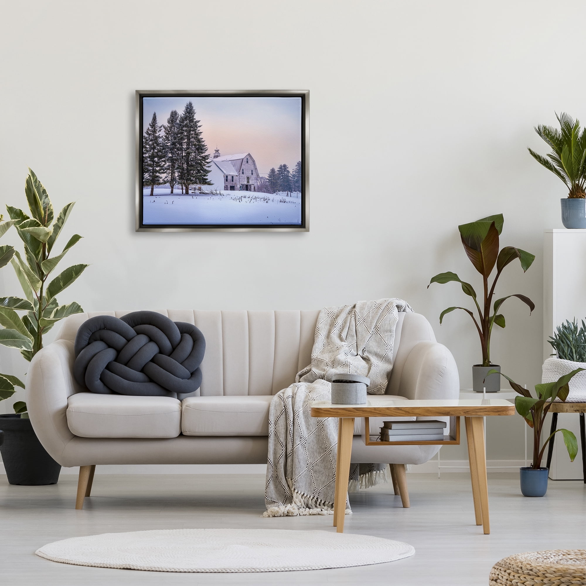Stupell Industries Winter Farmhouse Snow Landscape Landscape Photography Gray Floater Framed Art Print Wall Art