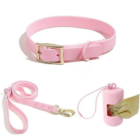 UOSIA Dog Collar and Leash Poop Bag Holder Set Chew Resistant Waterproof Collar for Dogs Light Pink M 30-40cm