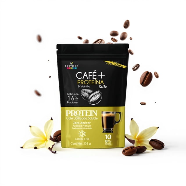 Earth Co, Café Latte con Proteína en Polvo 10 gr por Taza Sin Azúcar Sabor Vainilla