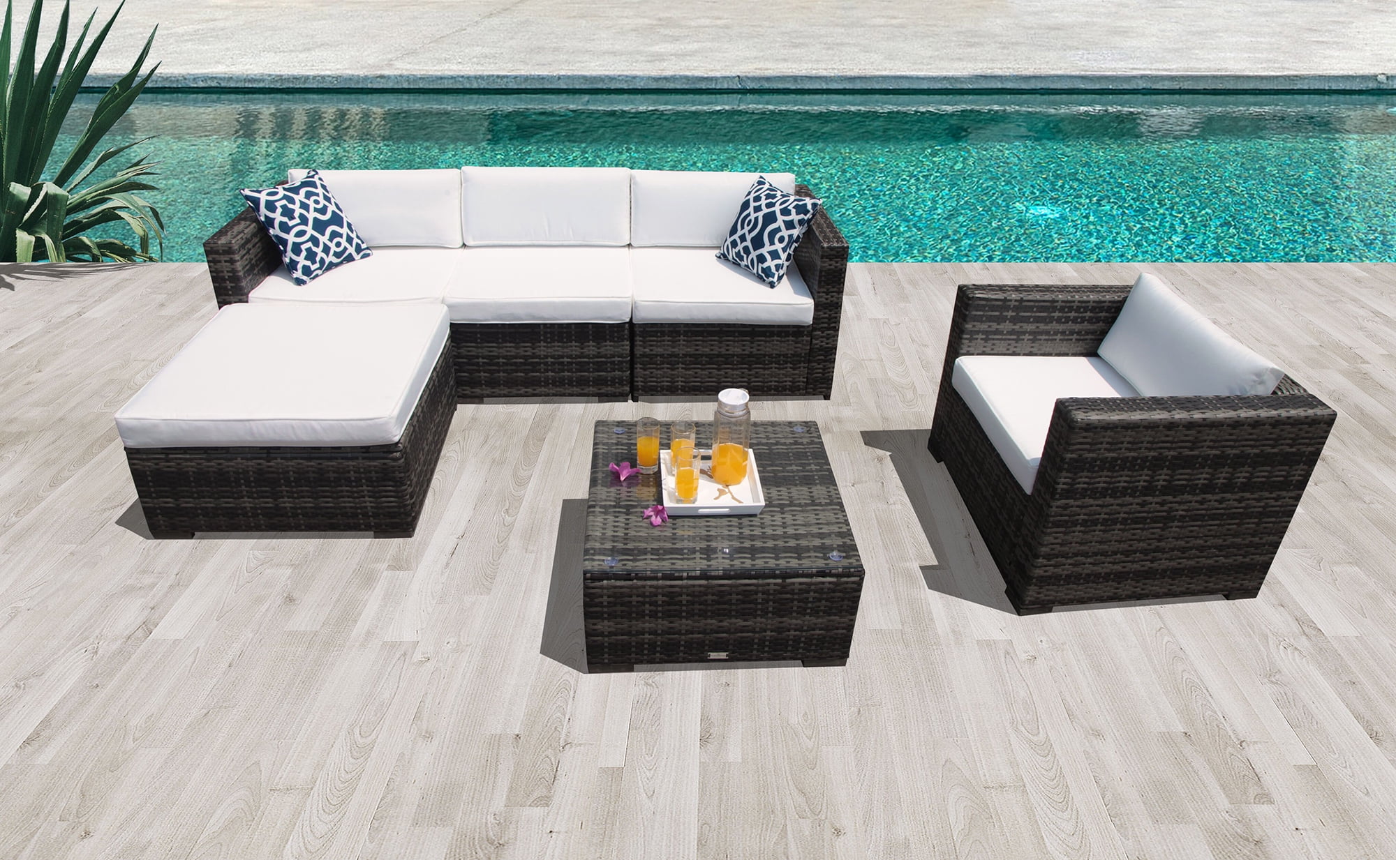 PATIOROMA 6pc Patio Outdoor Rattan Sectional Furniture Set with Cream White Seat and Back... by Superjoe