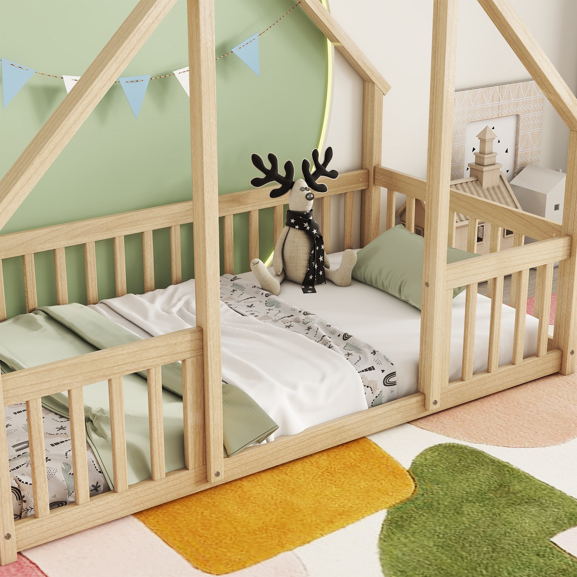 Leumius Twin Wood House-Shaped Floor Bed with Fence, Guardrails for Boys Girls Natural