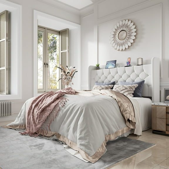 Amolife Queen Bed Frame with Storage Wingback Headboard and Fast Charging Hub, Upholstered Platform Bed, No Box Spring Required, White