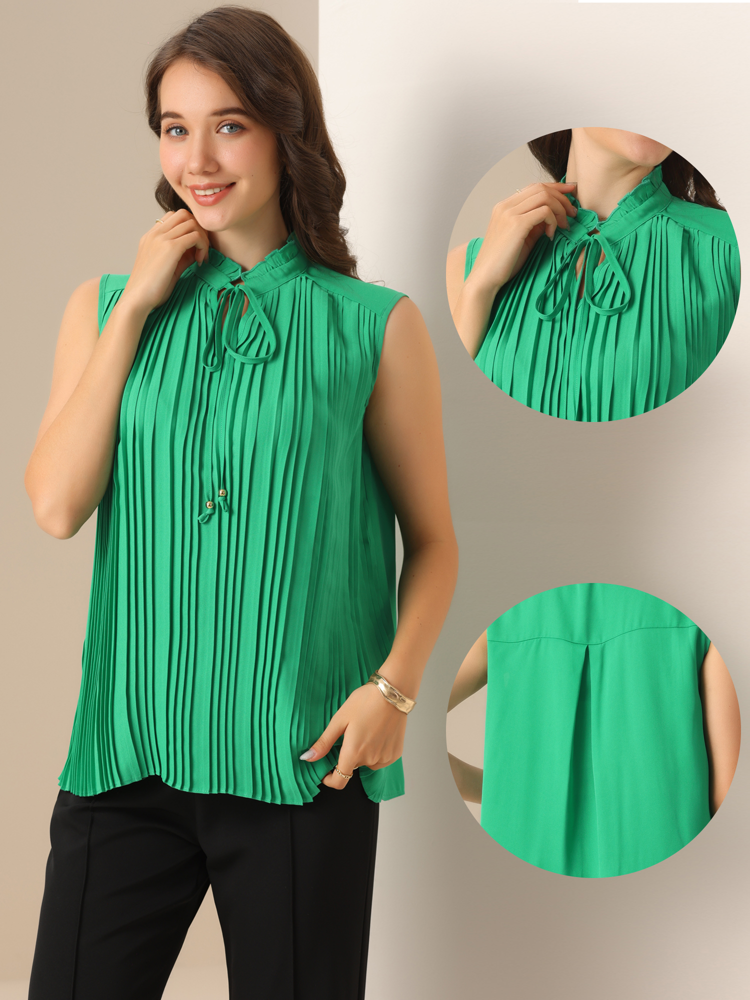 DARING DIVA Women's Sleeveless Tie Neckline Pleated Blouse S Green