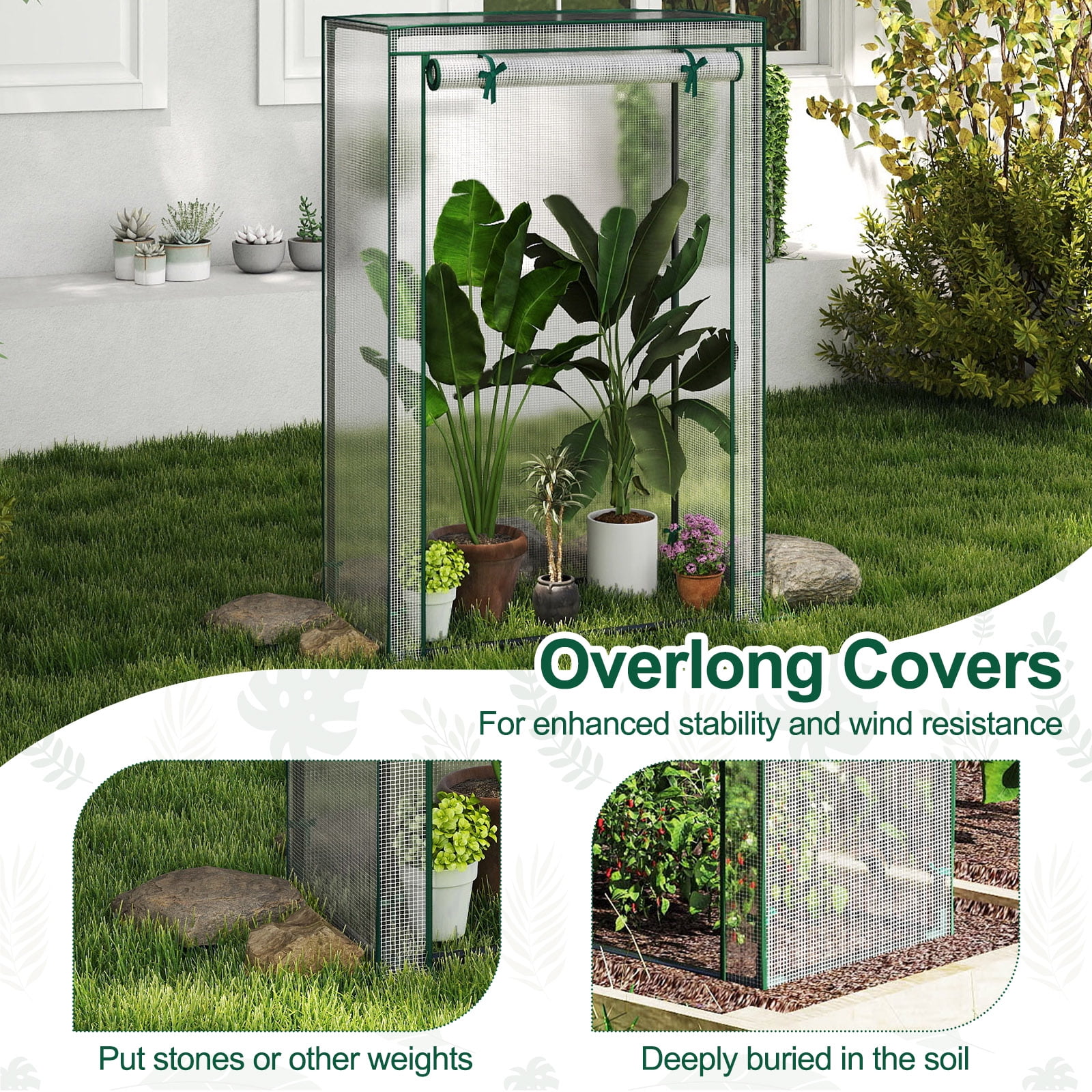 Costway 39” x 20” x 59” Portable Mini Greenhouse with Roll-Up Zippered Door, Indoor Outdoor White
