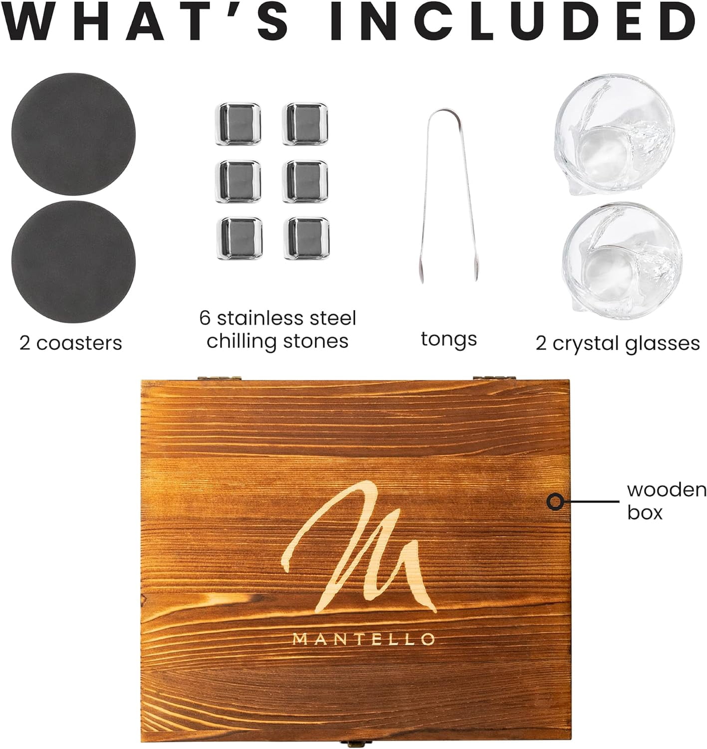 Mantello Whiskey Stones Gift Set for Men - Whiskey Glass Set of 2 with Stainless Steel Whiskey Stones - Whiskey Gifts for Men, Whisky Glasses and Whiskey Stones Rocks