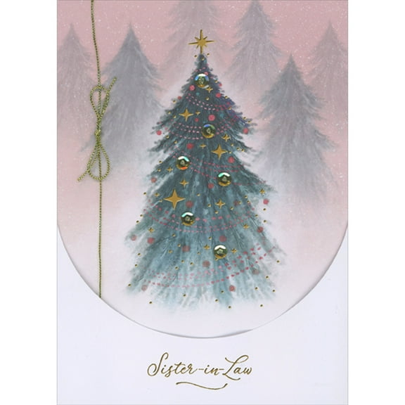 Designer Greetings Watercolor Tree with Gold Foil Stars, Sequins, Gold String and 3D Bottom Banner Hand Decorated Christmas Card for Sister-in-Law