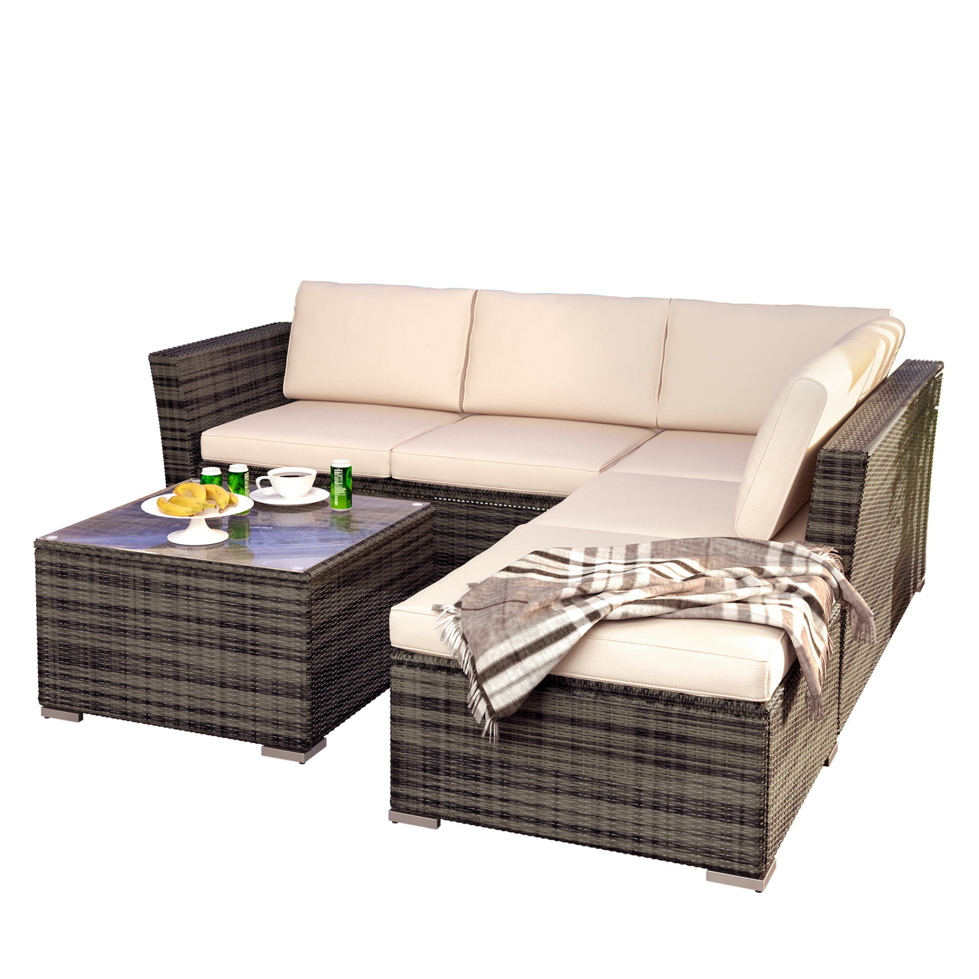 4 Set 2 Brown & Beige Necessary Tools Patio Furniture VIEW&CO 4 PCs Outdoor Sofa Sectional Furniture Set PE Rattan Wicker Cushion Conversation Sets with Sofa & Glass Coffee Table 
