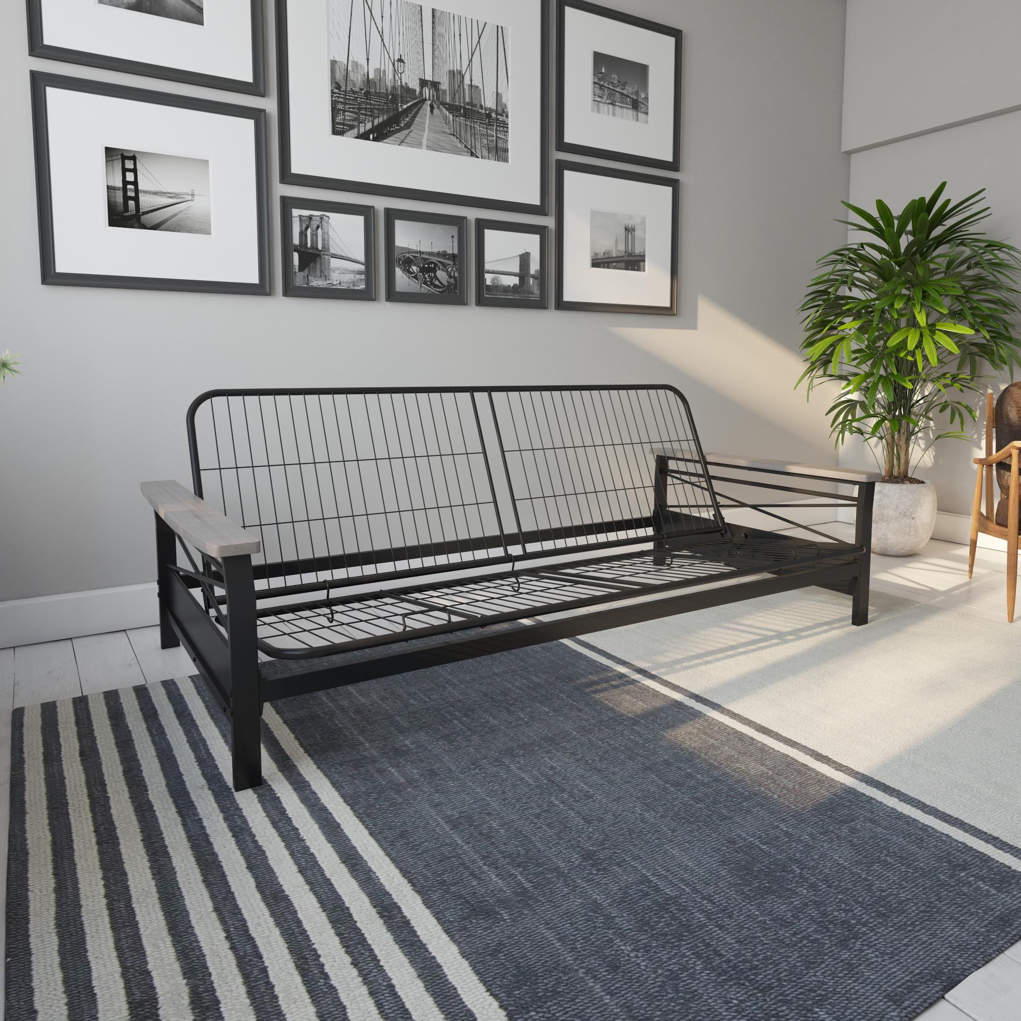 DHP Nadine Metal Futon Frame with Grey Wood Armrests, Full Size