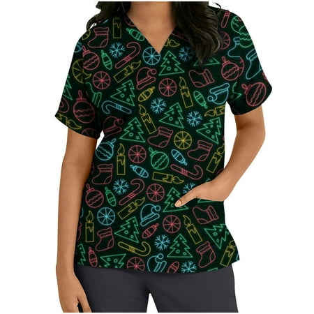 

JWZUY Working Uniform T Shirt Women Print Short Sleeve V-Neck Scrubs Tops Tee with Pockets Summer Short Sleeve Nurse Workwear Nursing Blouses Pullover Tshirts Tee Shirt (Green XL)