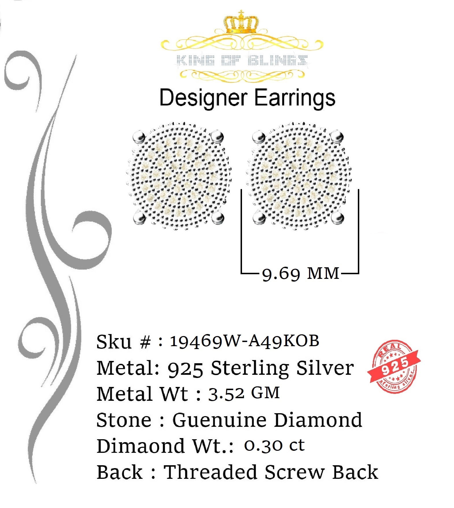 King of Bling's 925 Sterling Silver 0.30ct Diamond For Women's/ Men's White Stud Round Earrings