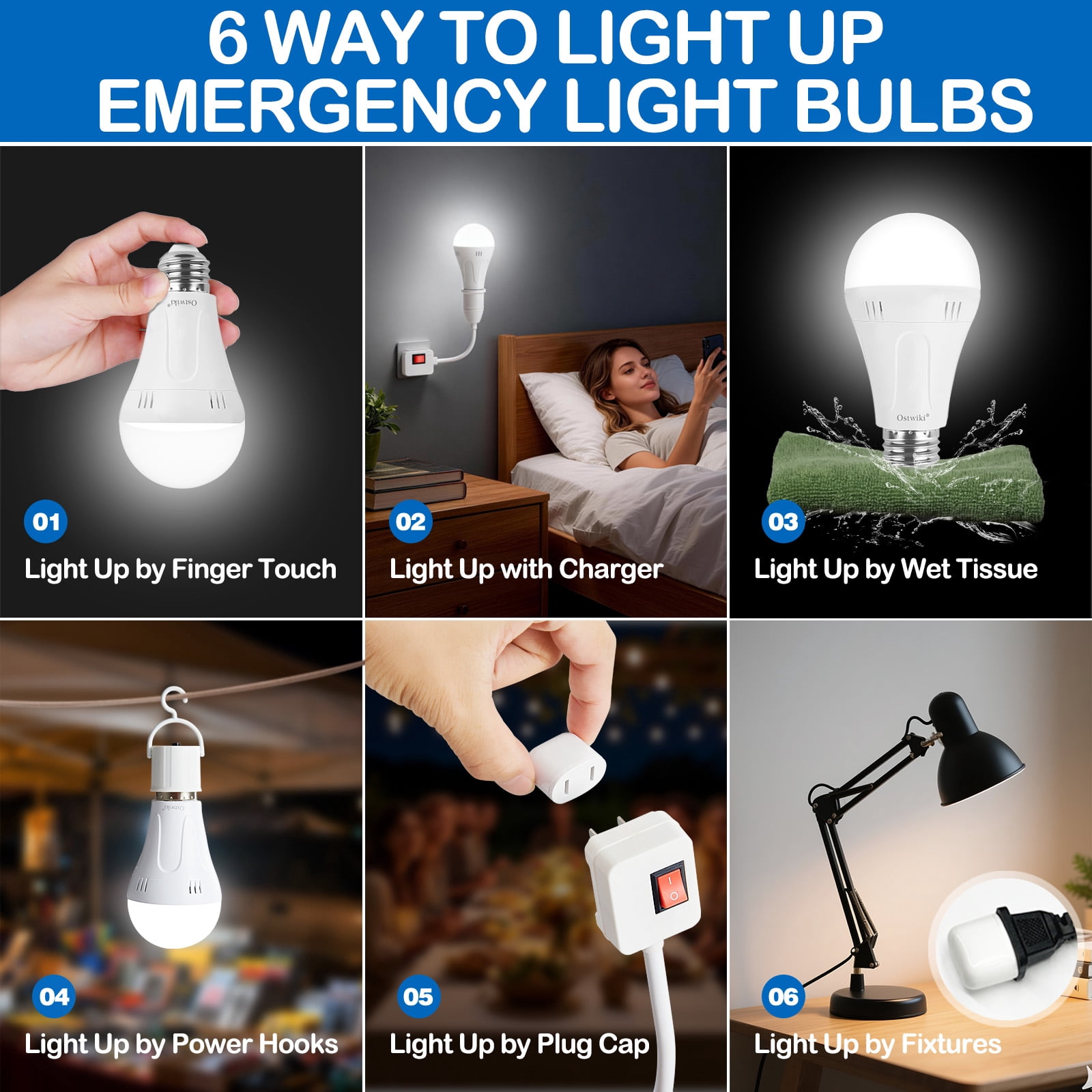 Ostwiki Rechargeable Emergency LED 9W Cool White General Purpose Light Bulbs, Dimmable 10 Pack