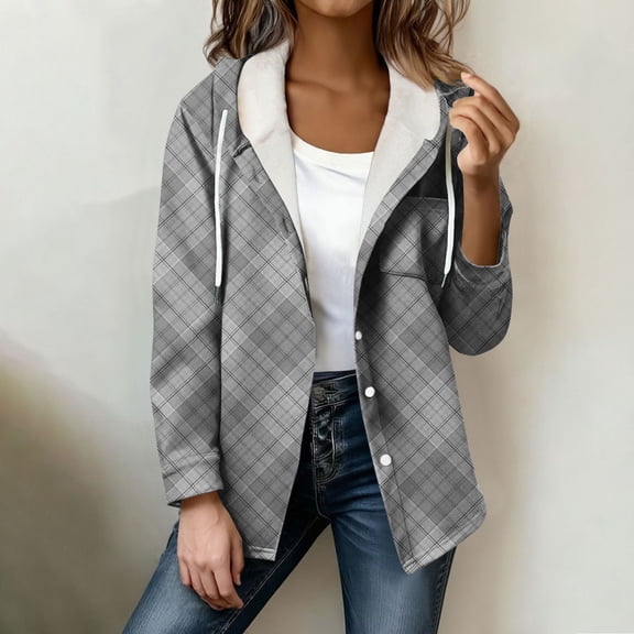 Gamivast Plaid Jackets for Women Trendy Hooded Button up Coat Lightweight Long Sleeve Casual Shacket Jacket Holiday Travel Outerwear with Chest Pocket