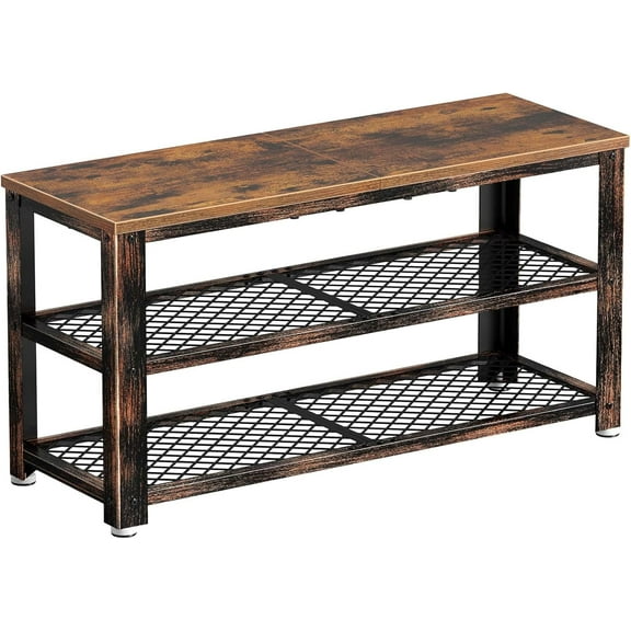 ZOPan Shoe Bench, 3-Tier Shoe Rack, 28.7” Storage Entry Bench with Mesh Shelves Wood Seat, Rustic Foyer Bench for Hallway Front Door, Doorway, Living Room, Mudroom, Steel Frame, Rustic Brown