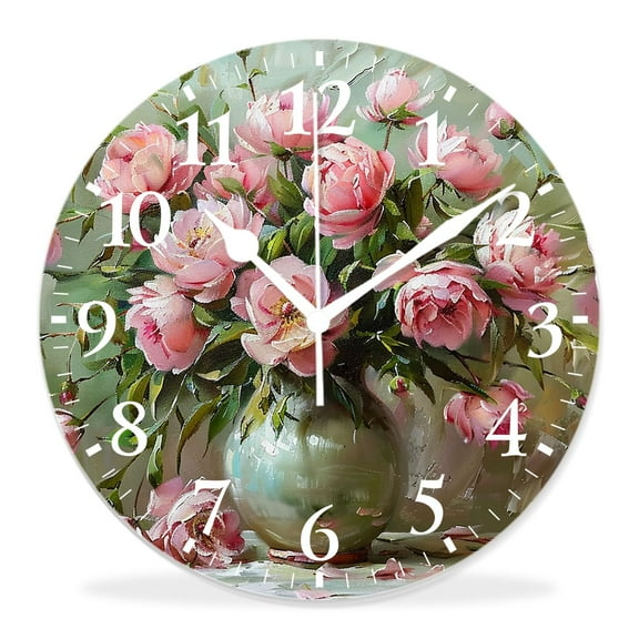 14 Inch Wall Clock Battery Operated Silent Clock Decorative for Office, Kitchen, Outdoor, Living Room，Flower Vase Floral Beautiful