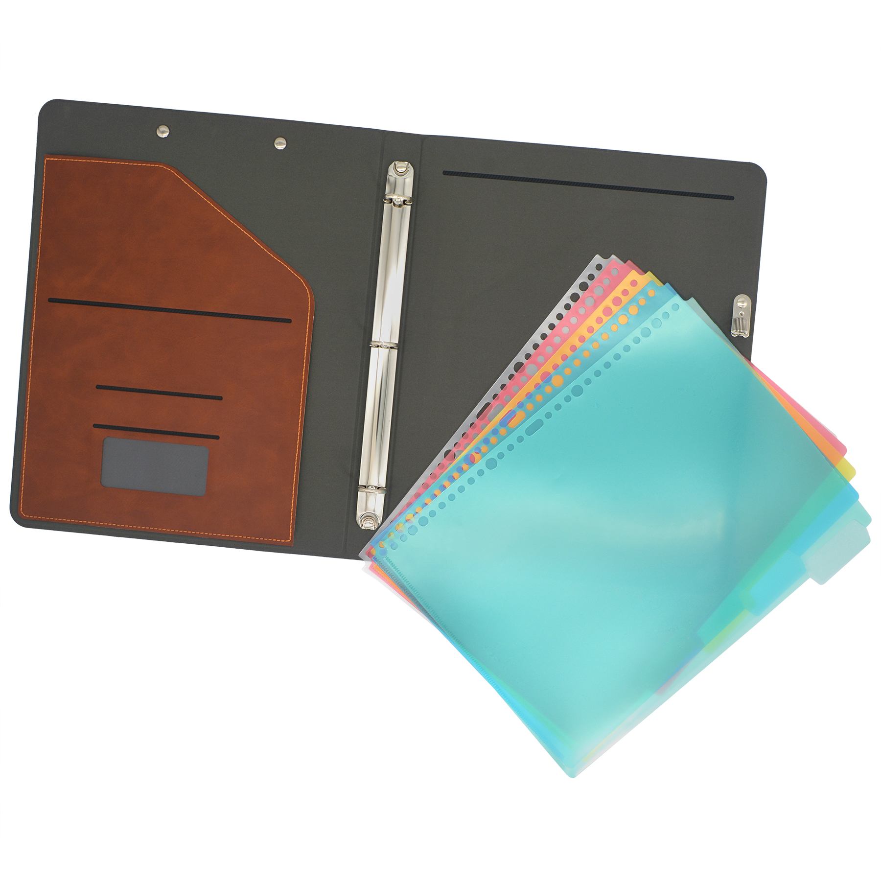 3 Ring Binder Padfolio Clipboard Case with Color File Folders, PU Leather Padfolio Ring Binder with Clipboard