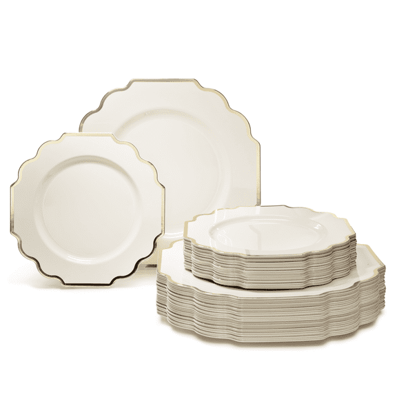 " OCCASIONS " 80 Plates Pack,(40 Guests) Heavyweight Wedding Party Disposable Plastic Plates Set -40 x 10.5'' Dinner   40 x 8'' Salad/Dessert Plate (Imperial Ivory and Gold)