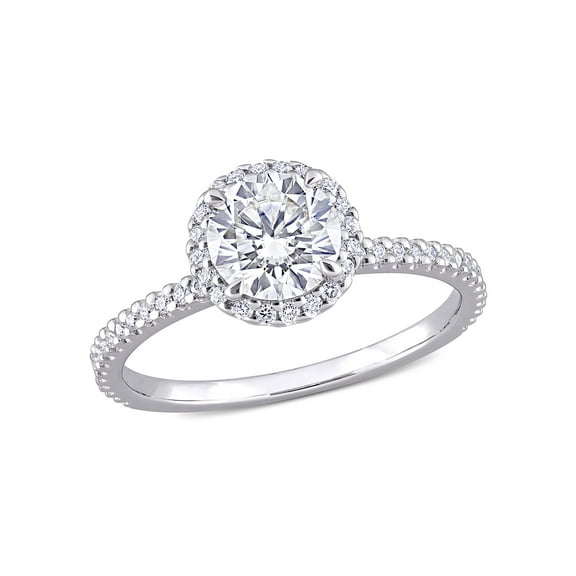 Everly 1 1/4CT DEW Round-Cut Created Moissanite Halo Bridal Engagement Anniversary Ring with Created Round-Cut Moissanites on Band and 4 Claw/Prong Setting