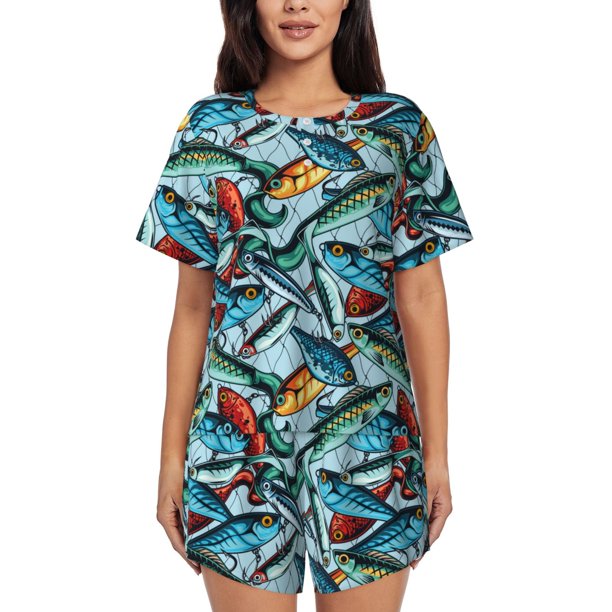 Balery Colorful Fishing Baits Conjunto de Pijama para Mujer con Estampado, Dos Piezas de Manga Corta y Shorts, Ropa de Dormir Suave con Cuello Redondo y Bolsillos-Large