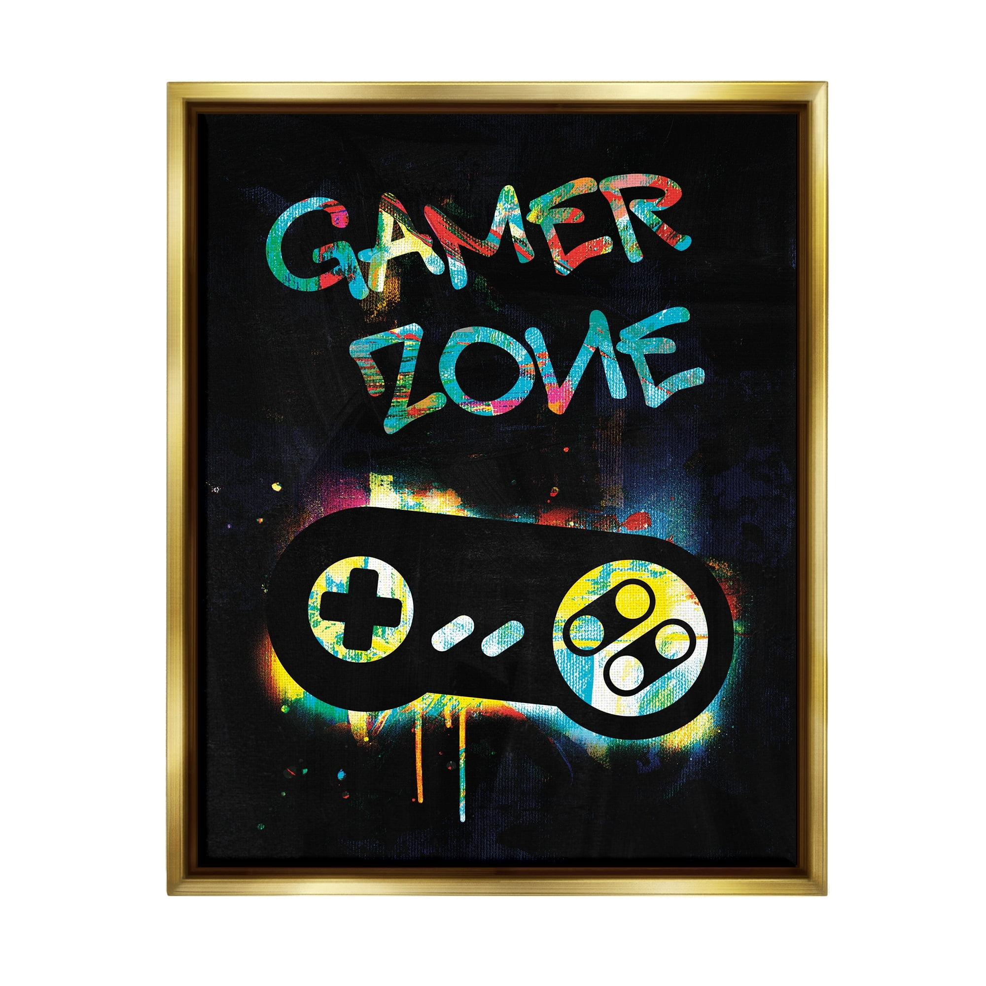 Stupell Industries Gamer Zone Vintage Controller Neon Paint Splatter Graphic Art Metallic Gold Floating Framed Canvas Print Wall Art, Design by Victoria Barnes