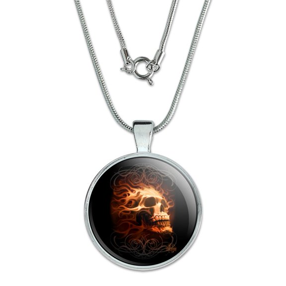 Flaming Fire Skull Design 1" Pendant with Sterling Silver Plated Chain
