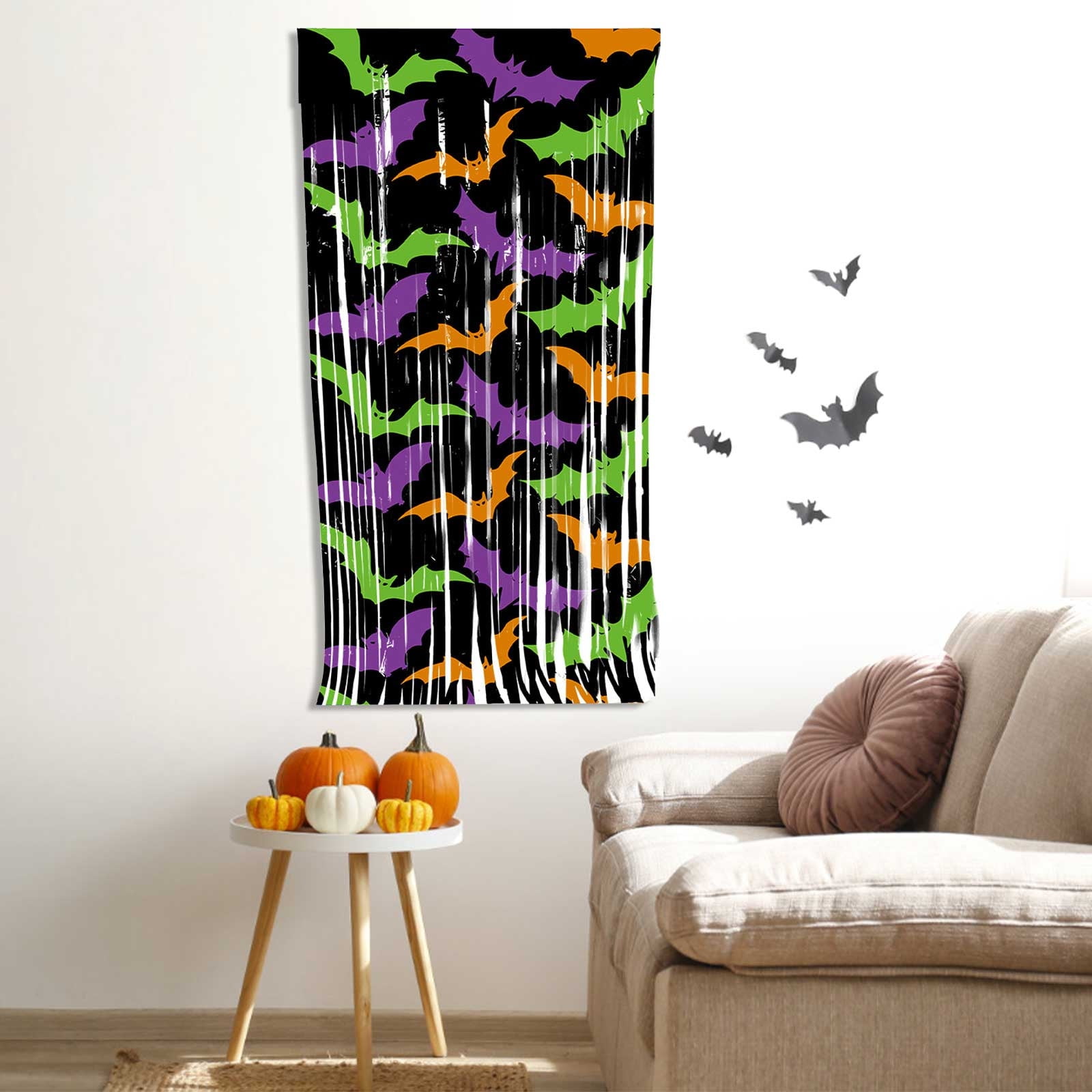 Rideau Frange Halloween Citrouille - Décoration Fenêtre Ou Porte, Motifs Orange/noir/violet, 1x2 M