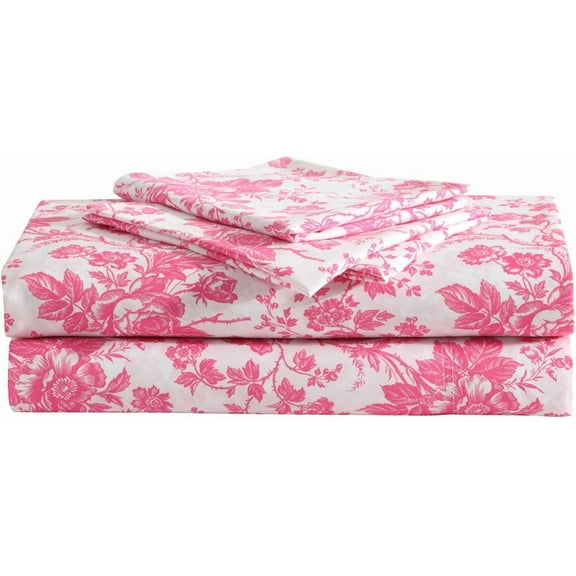 EnjinZZ - Full Bed Sheets, Soft & Lightweight Bedding, Fade & Wrinkle Resistant (Betseys Toile Pink, Full)