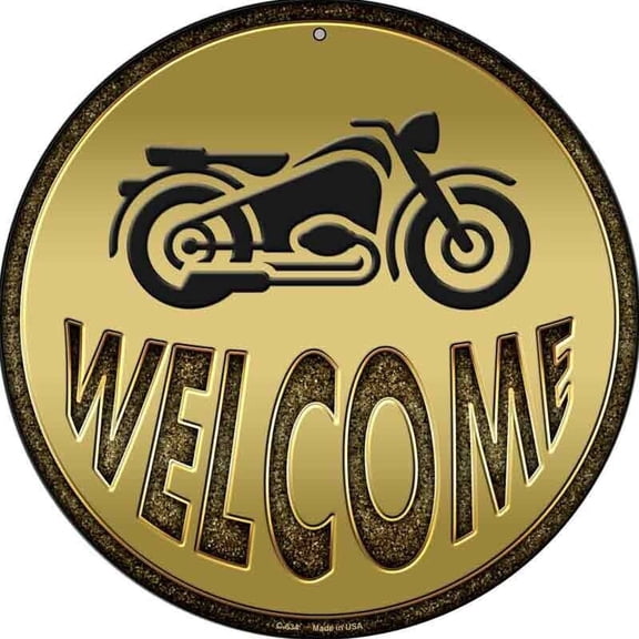 Welcome With Motorcycle Round Circular Metal Sign Home Garage Wall Decor Size: 8 x 8 inch