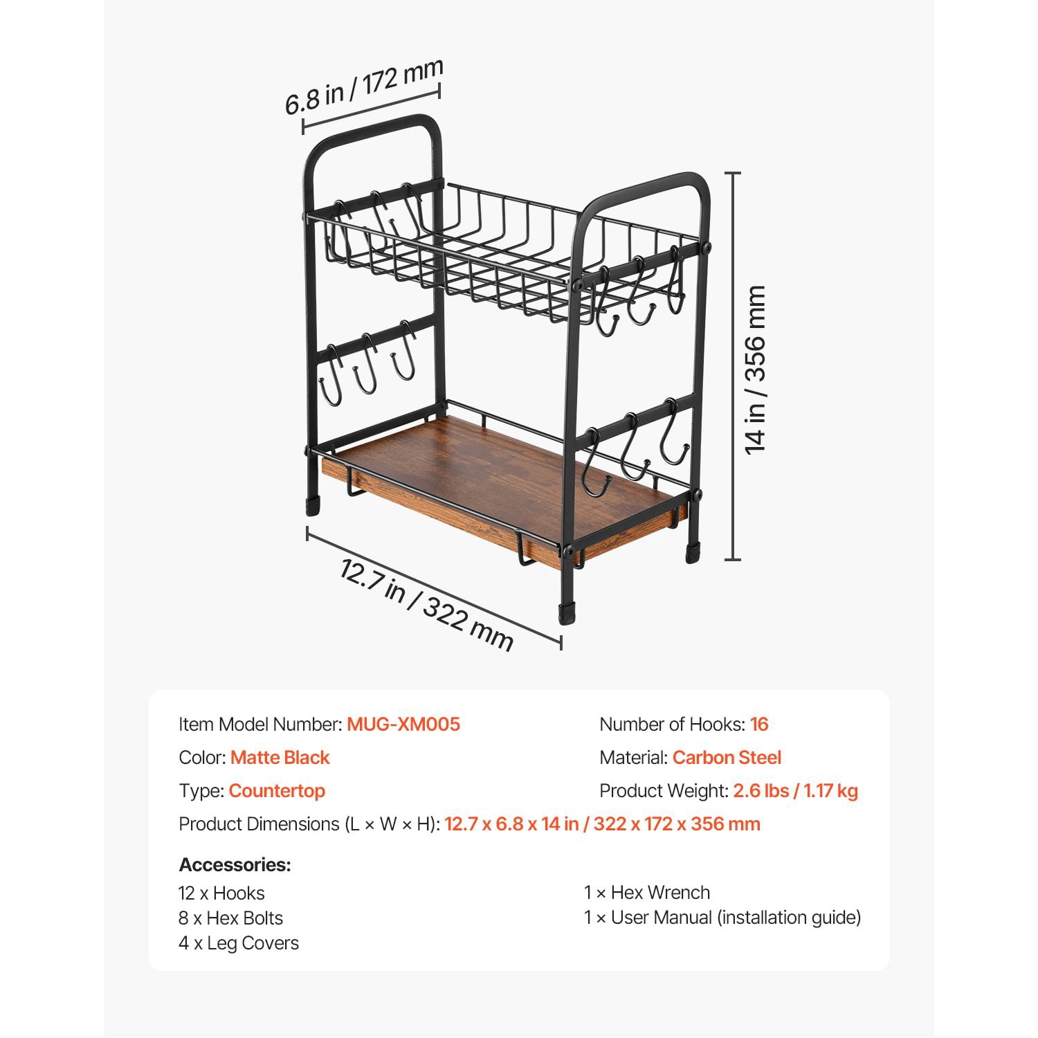 Coffee Bar Organizer 12 Hooks 2-Tier Carbon Steel Countertop Rack for Kitchen Office Breakroom