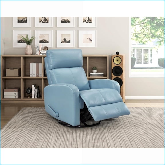 Recliners Swivel Glider Recliner – Blue Leather, Solid Wood Frame, Pull-Handle | Blue | Solid Wood, Plywood