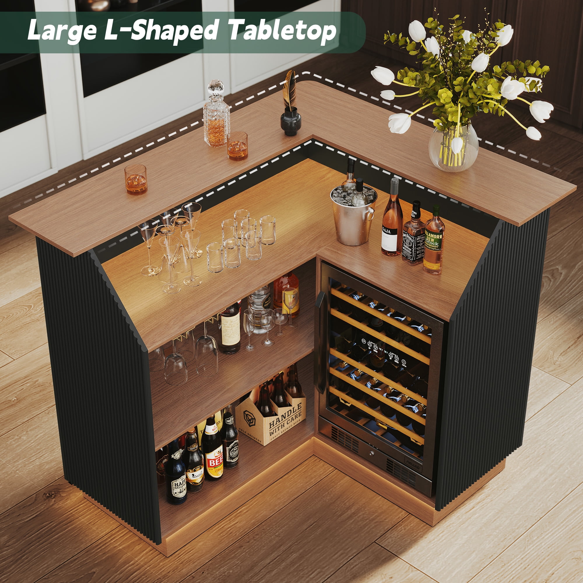 HLR L-Shaped Home Bar Cabinet with Fridge Space, 4-Tier Corner Bar Unit Wine Cabinet with Storage, Black