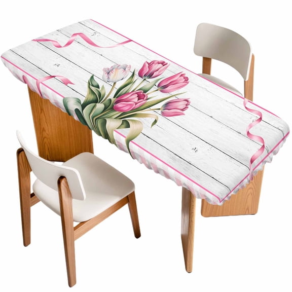 Pink Tulip Table Cloths for 8 Foot Rectangle Tables, Spring Floral Romantic Flowers Modern Art Wooden Patio Waterproof Elastic Fitted Tablecloths, Washable Rectangular Table Cover for Camping