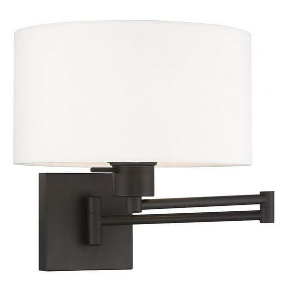 1 Light Traditional Steel Swing Arm Wall Sconce with Off-White Fabric Shade-11 inches H By 11 inches W-Bronze Finish Bailey Street Home