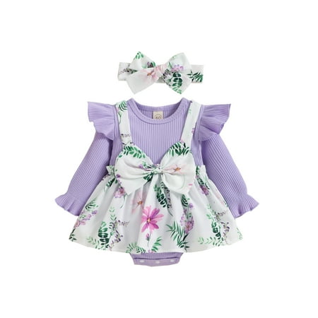 

Frobukio Newborn Baby Girls Romper Floral Print Knitted Ribbed Patchwork Long Fly Sleeve Skirt Hem Jumpsuits with Headband Purple 12-18 Months